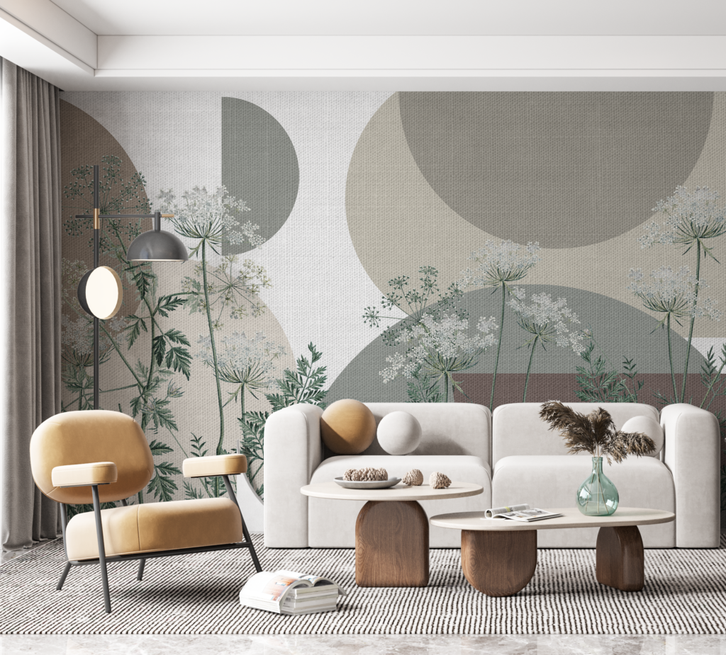 Perfekcyjne Przygotowanie Ściany pod Tapetę Nowoczesny salon z tapetą ścienną w geometryczno-botaniczne wzory - efekt końcowy starannego przygotowania ścian do tapetowania.